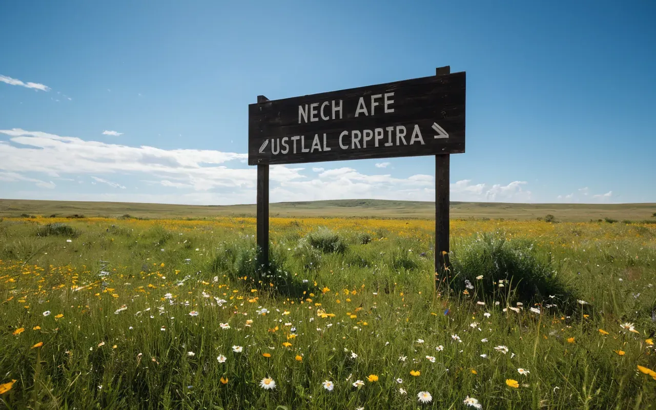 open grassland landscape Wide angle view of a vast open grassland under a bright blue sky with scattered wildflowers in natural lighting conditions