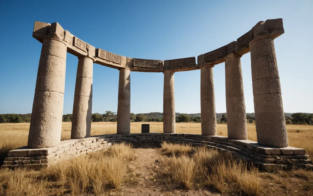 T shaped pillars site Wide angle view of massive T-shaped limestone pillars standing in a circular arrangement under soft natural daylight with clear blue sky and dry grass surrounding the ancient stone structures