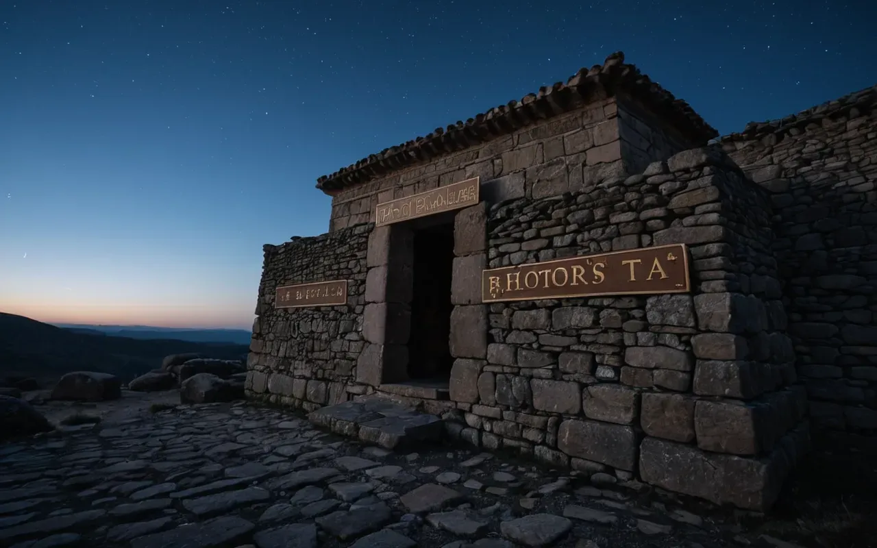 Wide angle view of stone structures at dusk with the first stars appearing in a deep blue twilight sky, creating a contrast between ancient human-made forms and natural celestial bodies.