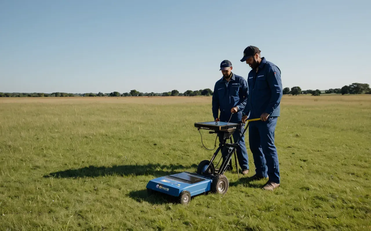 prehistoric innovation Wide shot of a modern archaeological team using ground penetrating radar equipment on a grassy field with clear blue sky and neutral uniforms focusing on scientific precision.