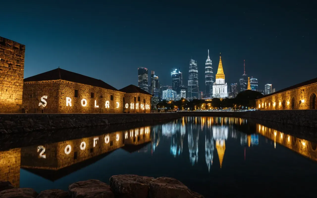 Wide shot of a modern city skyline at night with lights reflecting on water, contrasting the ancient stone structures seen in reflection to symbolize the continuity of human civilization.