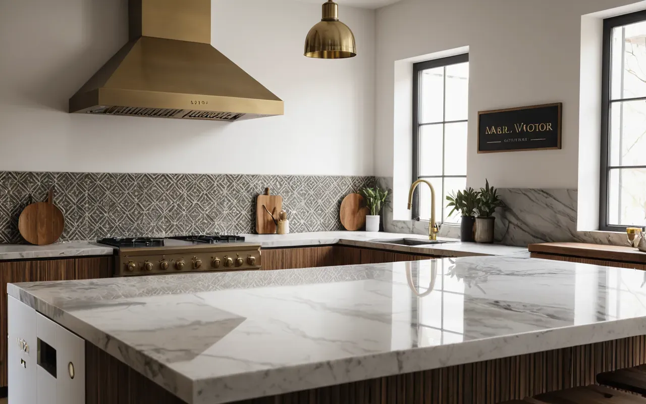 Wide shot of a modern minimalist kitchen interior with marble countertops brushed brass fixtures soft natural daylight editorial photography