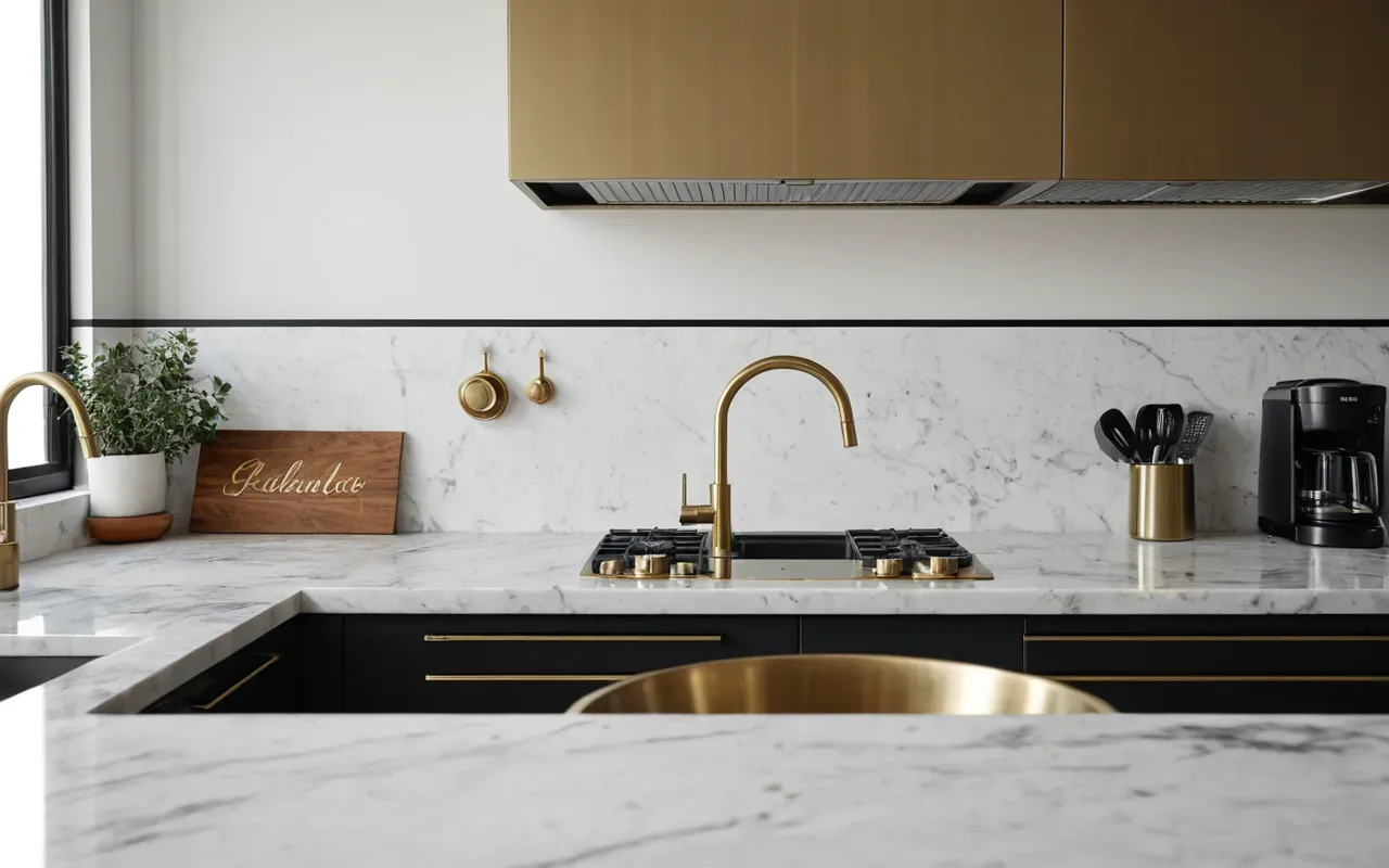 Wide shot of a modern minimalist kitchen interior with marble countertops brushed brass fixtures soft natural daylight editorial photography
