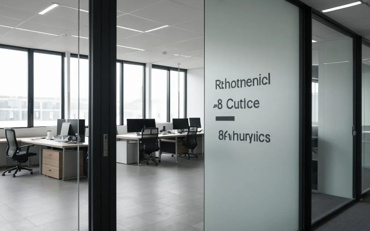 modern excavation layers time Wide shot of a modern minimalist office interior with glass partitions and soft natural daylight in an editorial style.