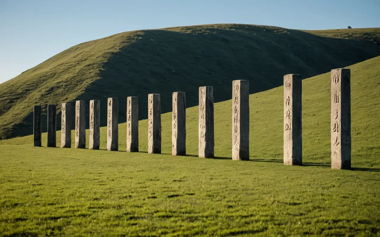 Wide shot of large carved stone pillars arranged in a circular pattern on an open grassy hill with clear blue sky and soft morning light highlighting the textures.