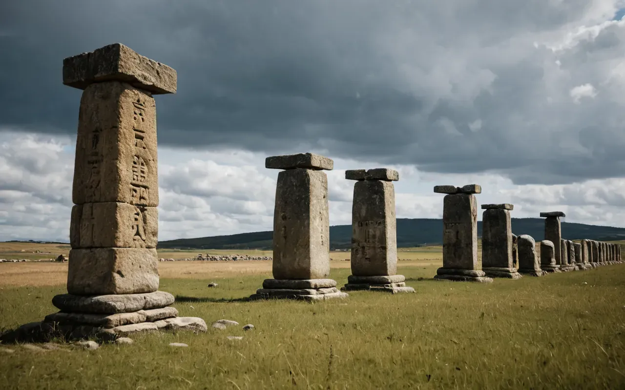 Wide shot of massive stone pillars in an open field under a cloudy sky, with soft natural light highlighting the rough texture of the ancient rock surfaces and sparse dry grass at their base.