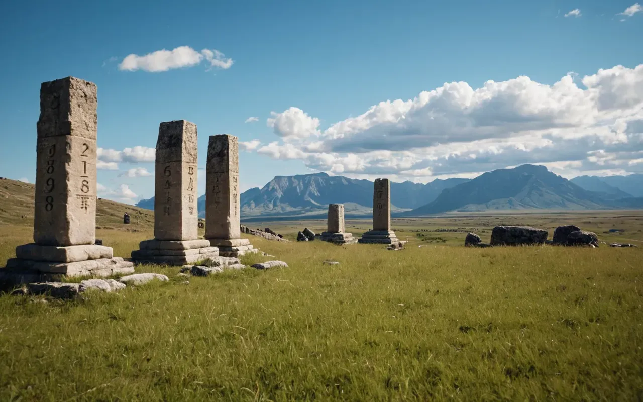 Wide shot of massive T-shaped limestone pillars rising from a grassy hilltop under a bright blue sky with scattered clouds and distant rocky mountains in the background.