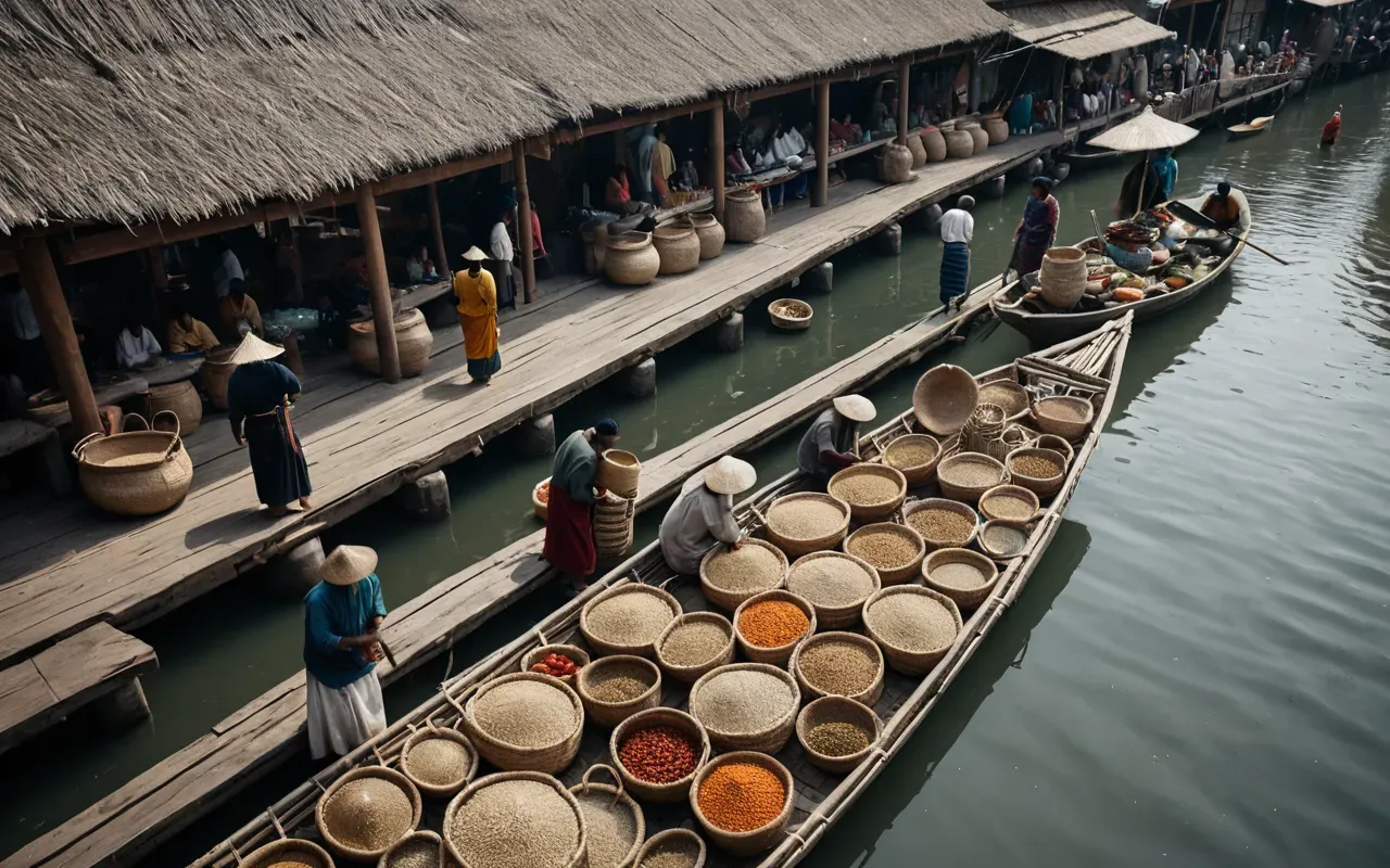 ancient river trade port A bustling ancient market scene viewed from a high angle with people carrying baskets of grain and clay pots near a wooden dock on a calm river reflecting the sky showing busy commercial activity without any written signs or modern elements.