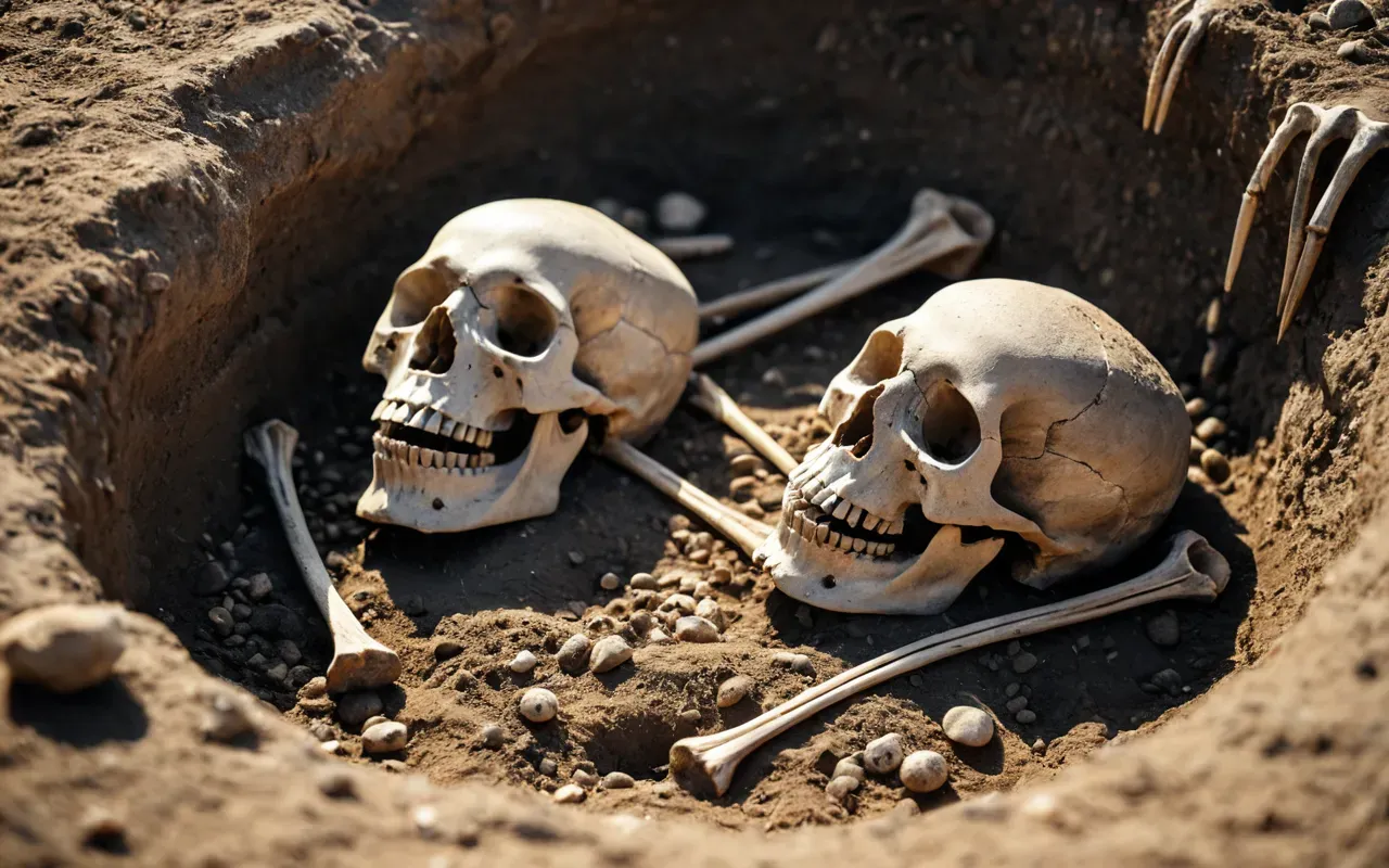 Neolithic grave pit A close-up of a Neolithic grave pit with two skulls and long bones, showing the calcareous deposits and rodent gnawing marks on the bones, illustrating the natural degradation process over thousands of years.