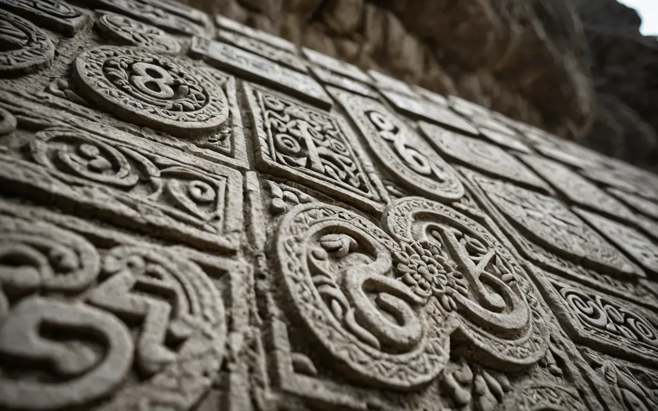 ancient carvings A close-up of a rough limestone surface with intricate carvings of animal shapes, soft natural light highlighting the texture of the stone and the depth of the grooves, shallow depth of field