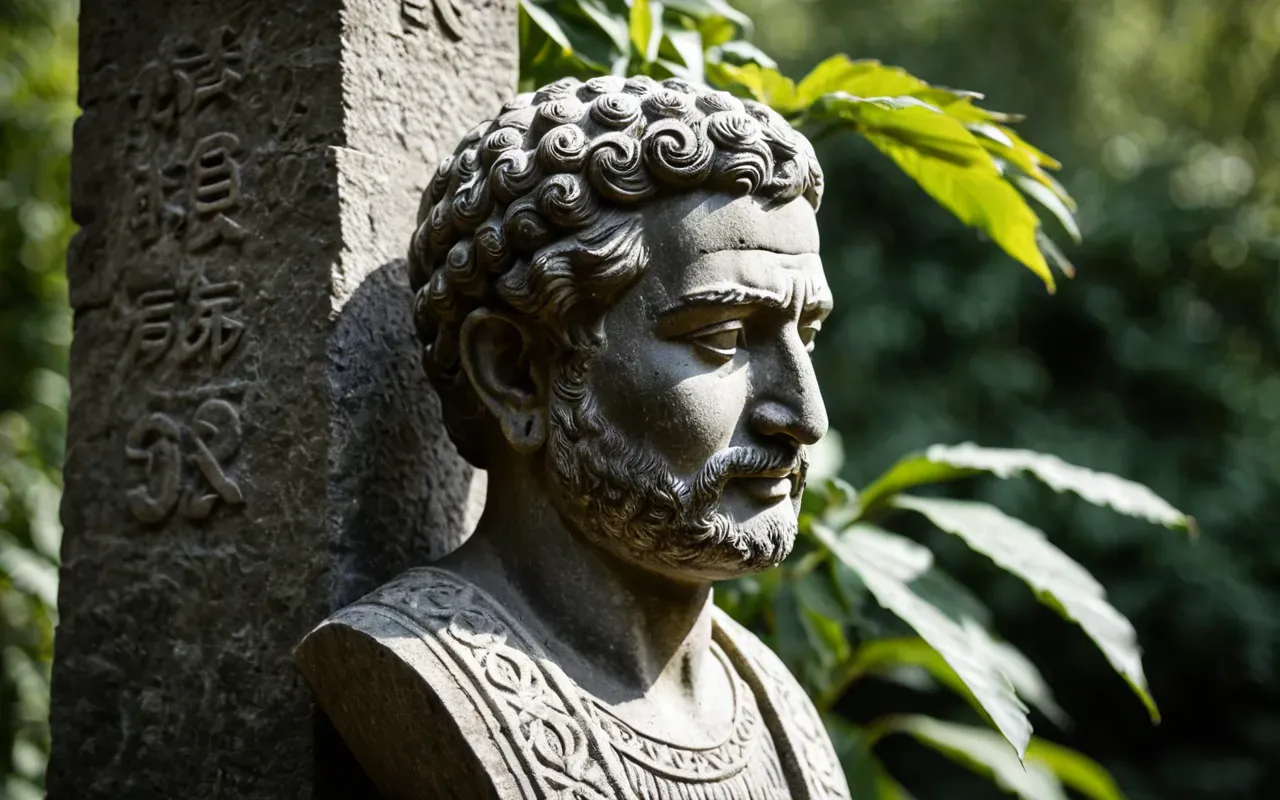 weathered stone sculpture detail A close-up of a stone bust with weathered texture. The background is blurred but shows green foliage and soft sunlight filtering through leaves.