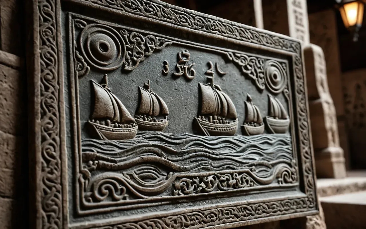 ancient flood stories A close-up of a stone tablet with ancient carvings depicting waves and boats. The lighting is warm and focused, highlighting the detailed craftsmanship.