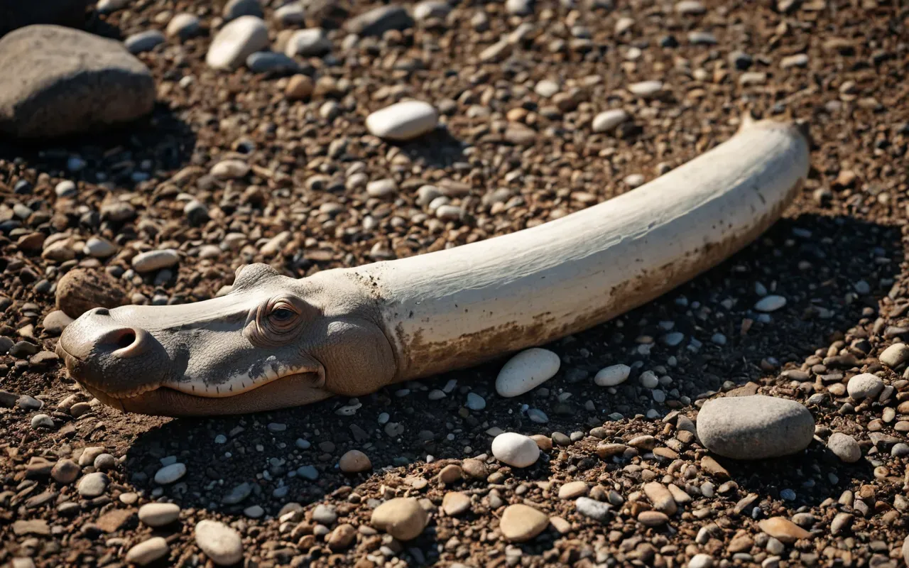 ancient fossils A close-up of a weathered hippopotamus ivory tusk lying on a bed of dry, cracked earth and small river stones. The lighting is bright and natural, highlighting the texture of the bone and the dust particles floating in the air. The composition is simple and focused on the object.