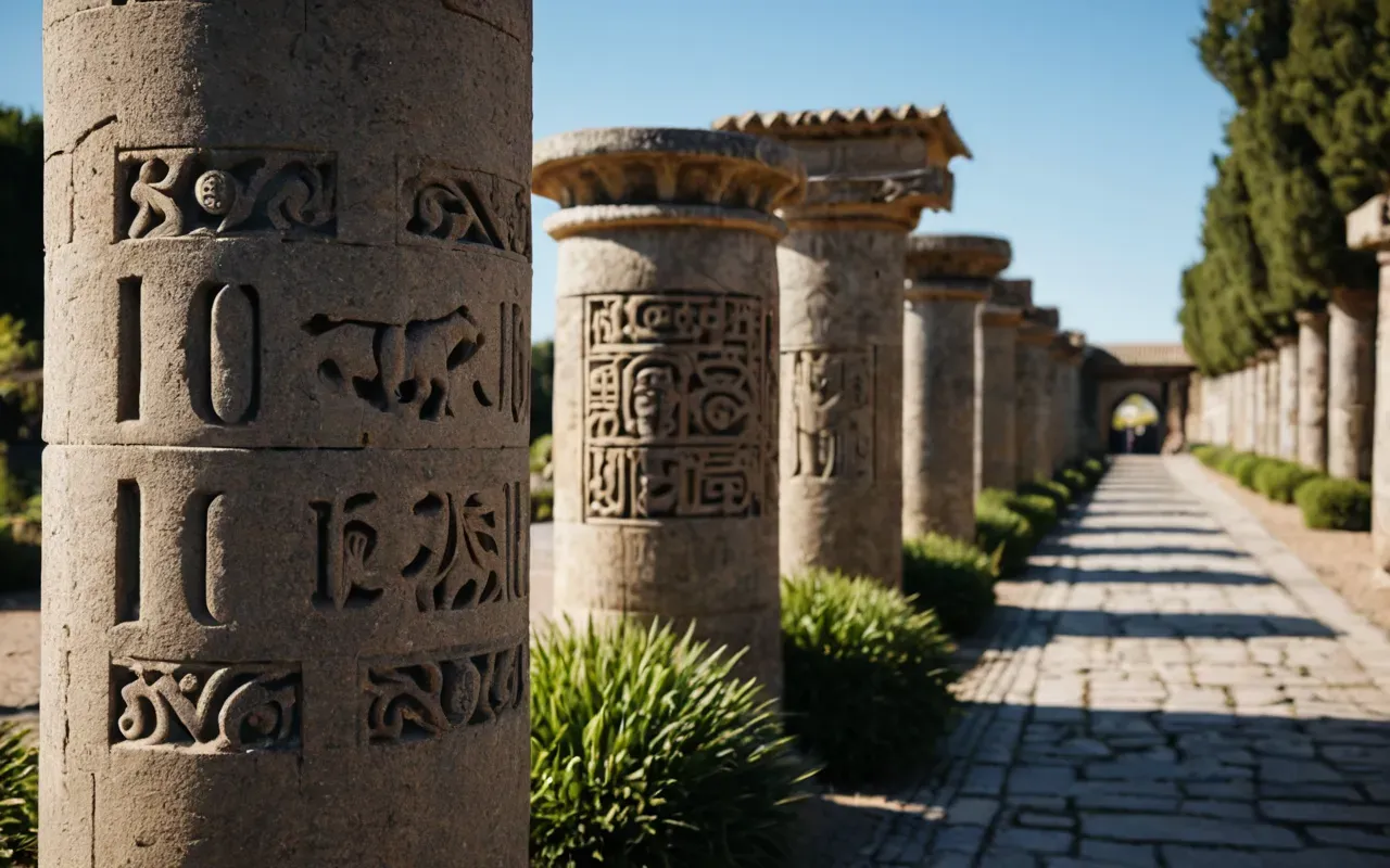 ancient stone pillars path A close up of ancient stone pillars with carved animal figures surrounded by modern paved walking paths and landscaping under a clear blue sky.