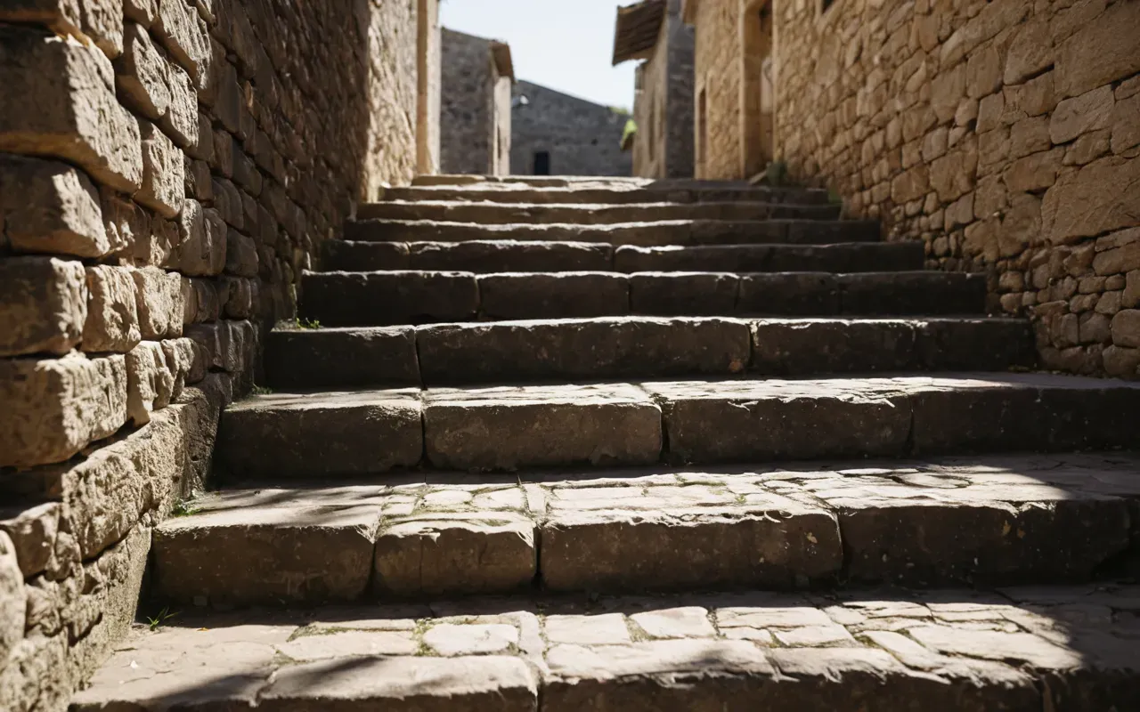 ancient stone A close-up of ancient stone steps and walls with visible wear and weathering, set in a quiet outdoor area with soft morning light casting long shadows across the surface.
