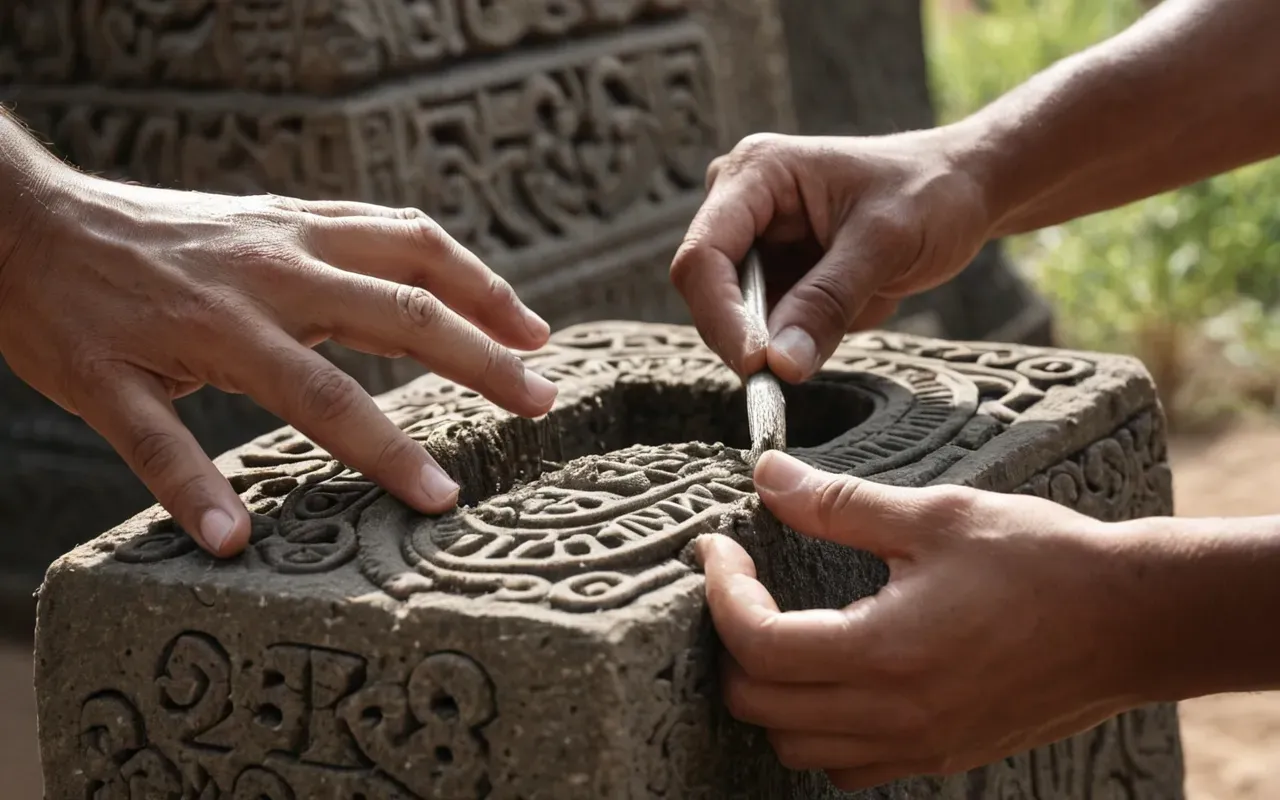 archaeological excavation A close-up of human hands carefully brushing dirt off an ancient stone carving. The fingers are delicate and precise. Natural light illuminates the intricate details of the animal relief on the rock surface.