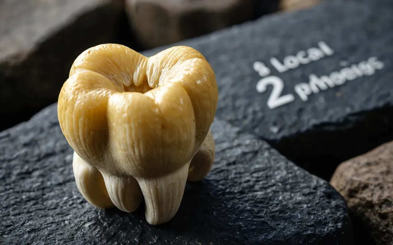 prehistoric elephant tooth A close-up photo of a large yellowed molar resting on a dark stone surface. The lighting is soft and focused, highlighting the rough texture and age of the tooth.