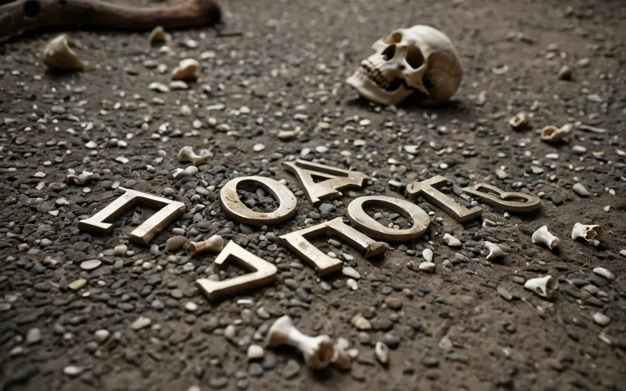 fragmented ancient bones archaeological context A close-up photo-realistic shot of fragmented human bones scattered on a dusty stone floor with soft natural light highlighting the texture and age of the remains without any visible text or markings.