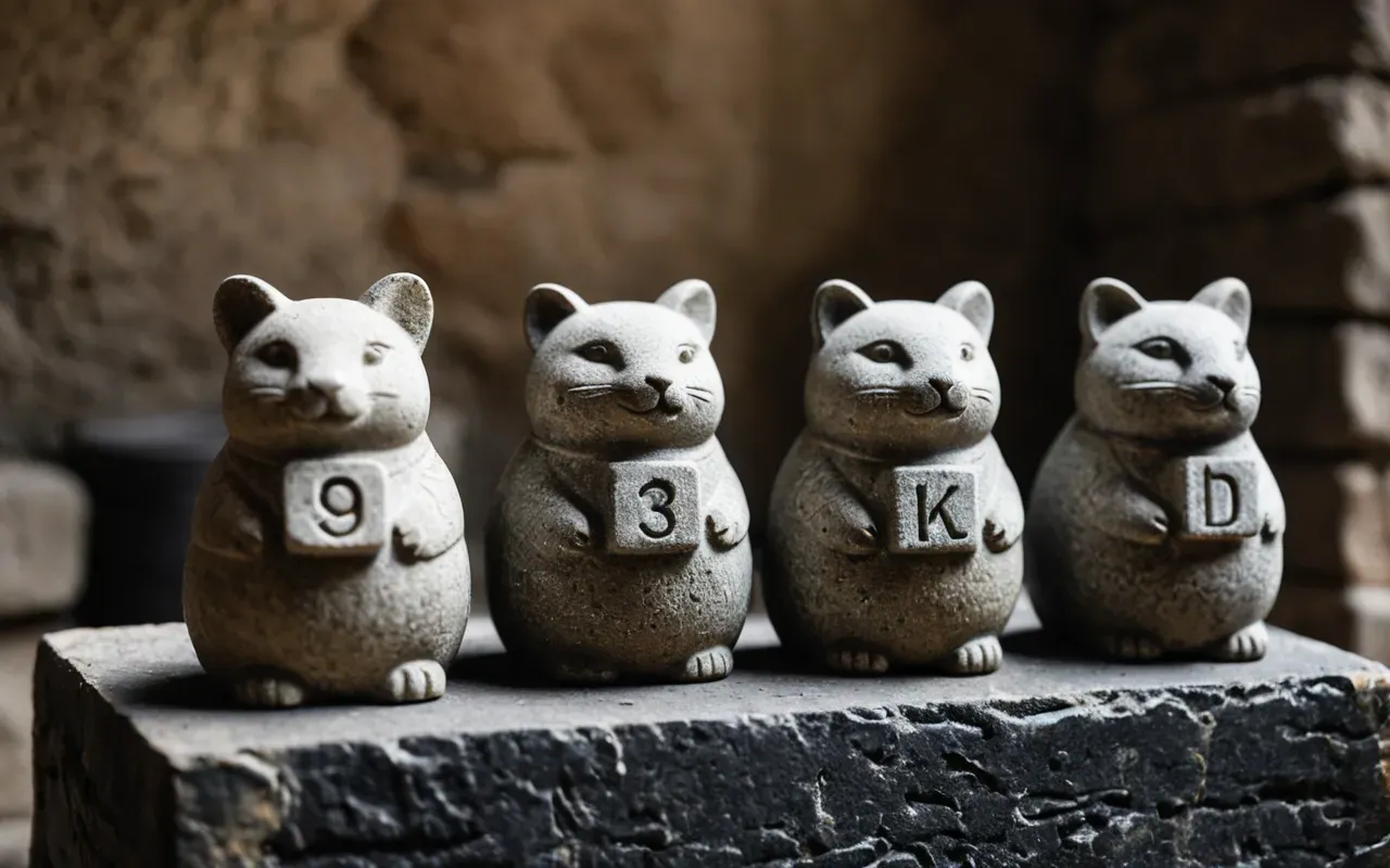A close-up photograph of three small carved stone animal figurines arranged in a row inside a rustic stone container, with soft natural light highlighting the texture of the rock and the distinct shapes of a fox, a vulture, and a boar.