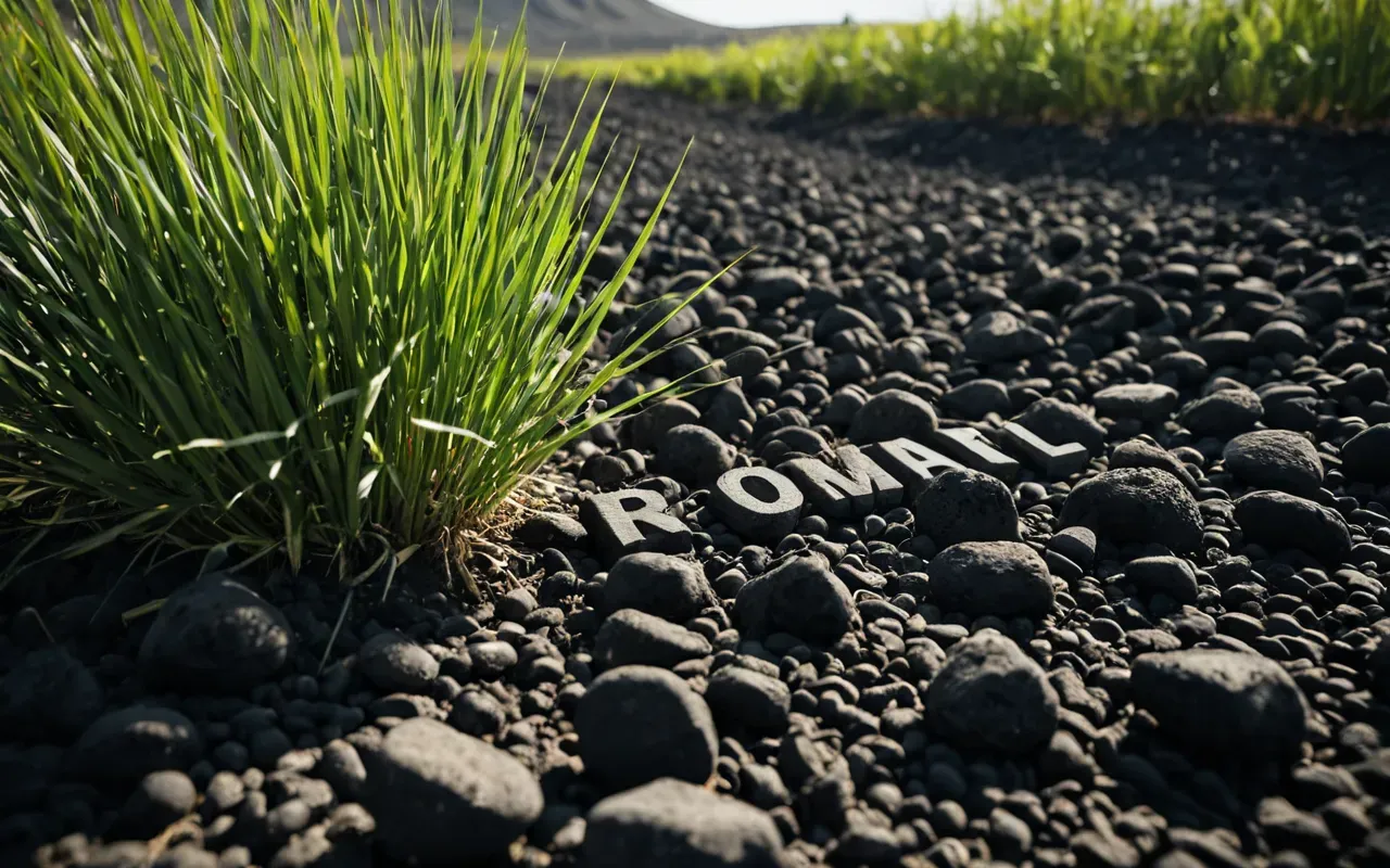 rock gardening evidence A close-up view of a field with scattered dark volcanic rocks arranged in patterns around green plant stems. The soil appears dry but stable under bright sunlight without any visible tools or people.