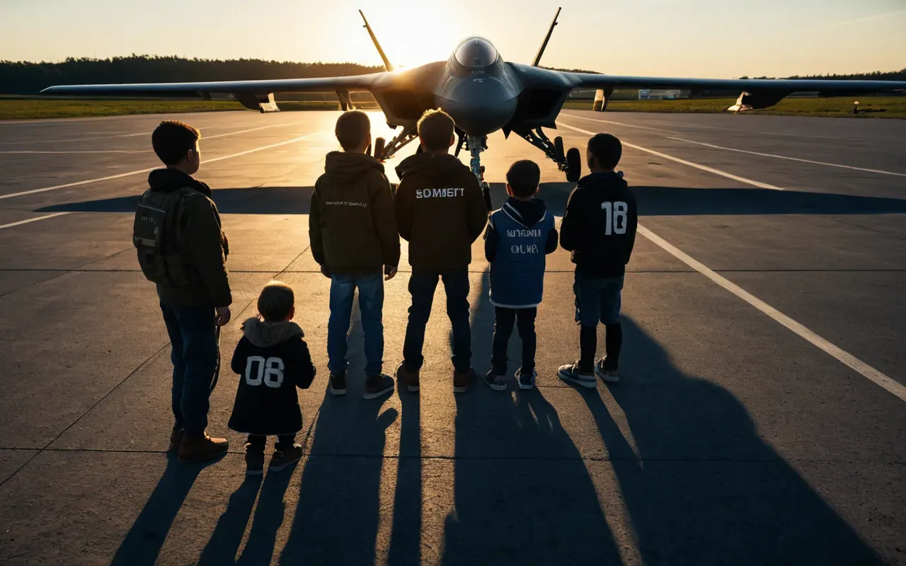 A close-up view of a group of children looking up at a large unmanned combat aircraft. The sun is setting behind them, casting long shadows on the tarmac.