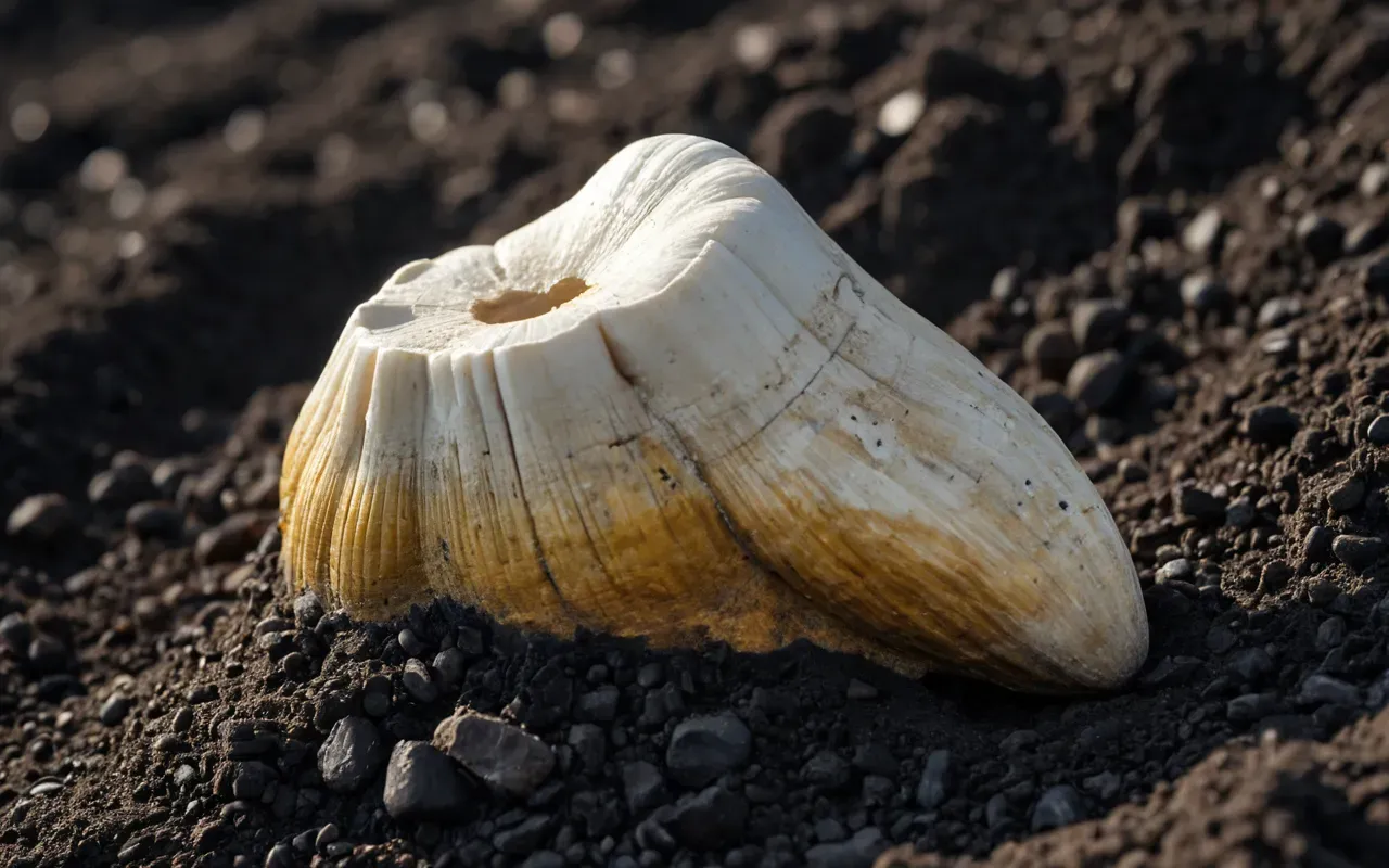 A close-up view of a large fossilized molar tooth resting on dark soil. The surface shows deep grooves and yellowish mineral deposits. Soft natural light highlights the texture of the bone against the earthy background.
