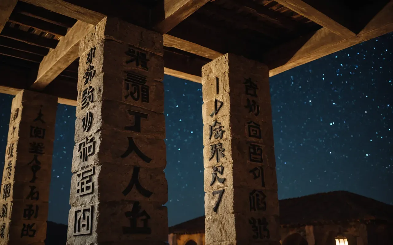 A close up view of a large T shaped stone pillar in a dimly lit environment, with the background showing a starry night sky through an open roof structure, highlighting the smooth texture of the stone and the contrast between the solid ground and the celestial expanse above.