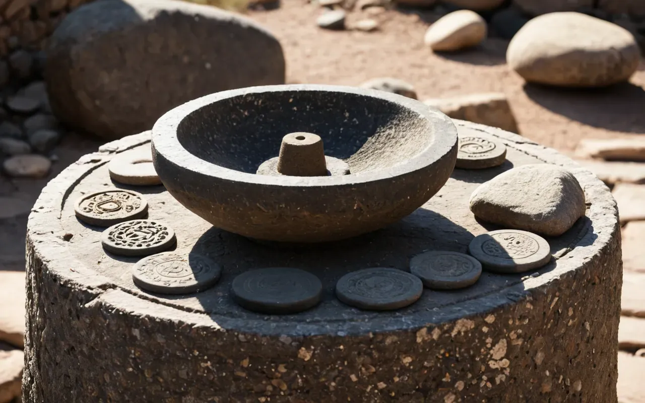 A close-up view of ancient stone grinding tools and circular rock depressions. The stones are weathered and rough, showing signs of heavy use. The background is blurred, showing a natural rocky landscape. The lighting is soft, highlighting the texture of the stone. No text or people are visible.