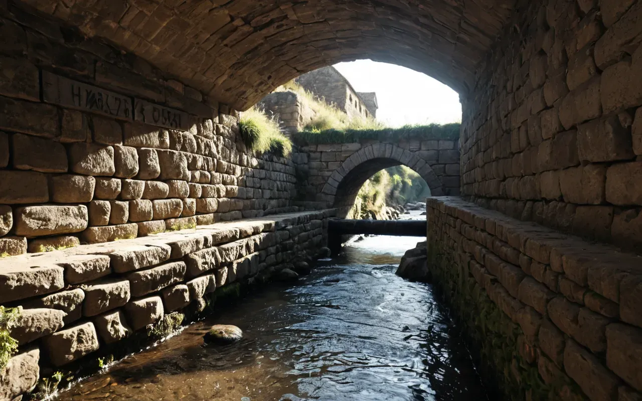 ancient water systems A cross-section of an ancient underground water channel, showing stone walls and a flowing stream, with sunlight filtering down from a shaft above, highlighting the durability of the stone construction.