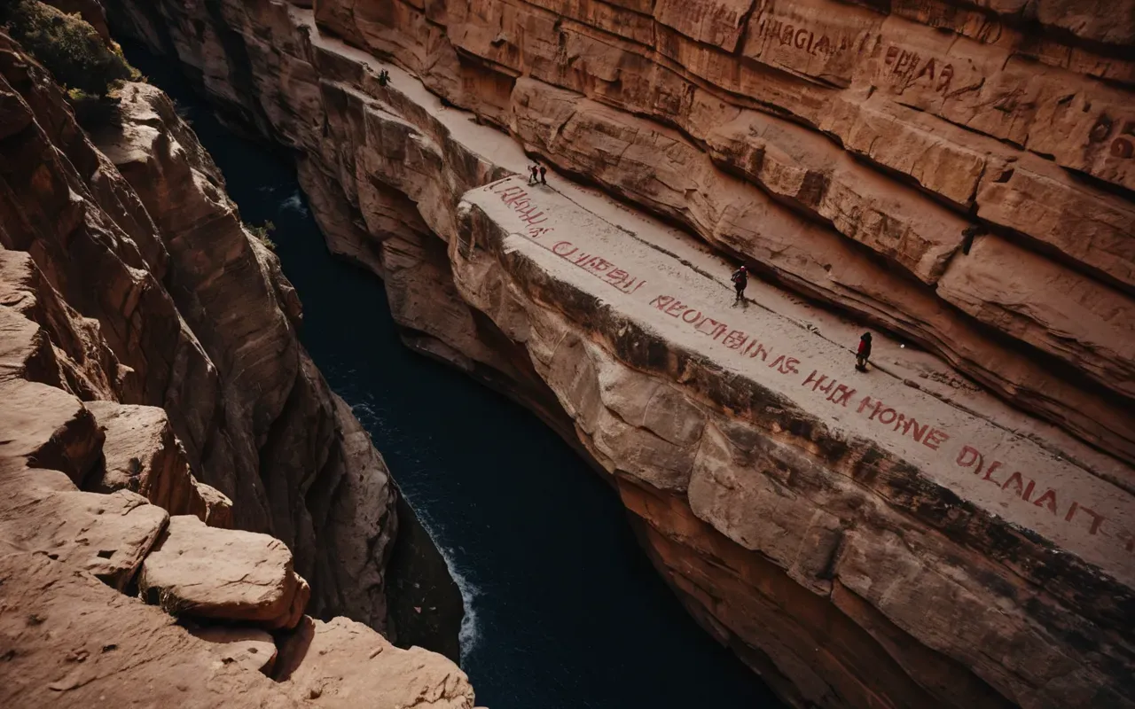 canyon rock art A deep narrow limestone canyon with a rocky overhang sheltering a wall covered in red ochre pictographs of animals and humans, dramatic natural lighting from above, no text, no people, realistic photography style, high contrast shadows