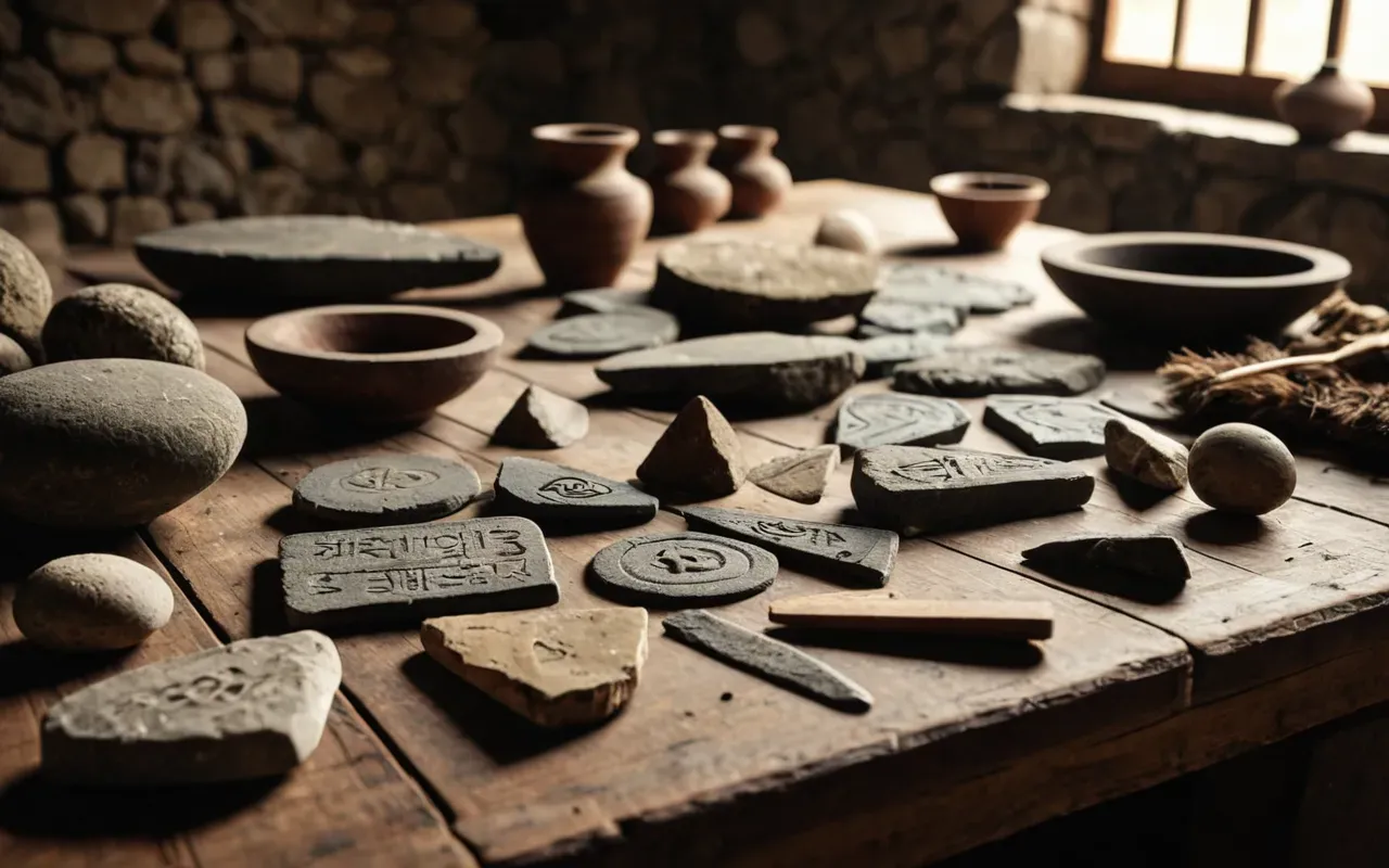 ancient stone artifacts A detailed shot of ancient stone tools and fragments scattered on a wooden table in an archaeological laboratory with soft overhead lighting highlighting textures.