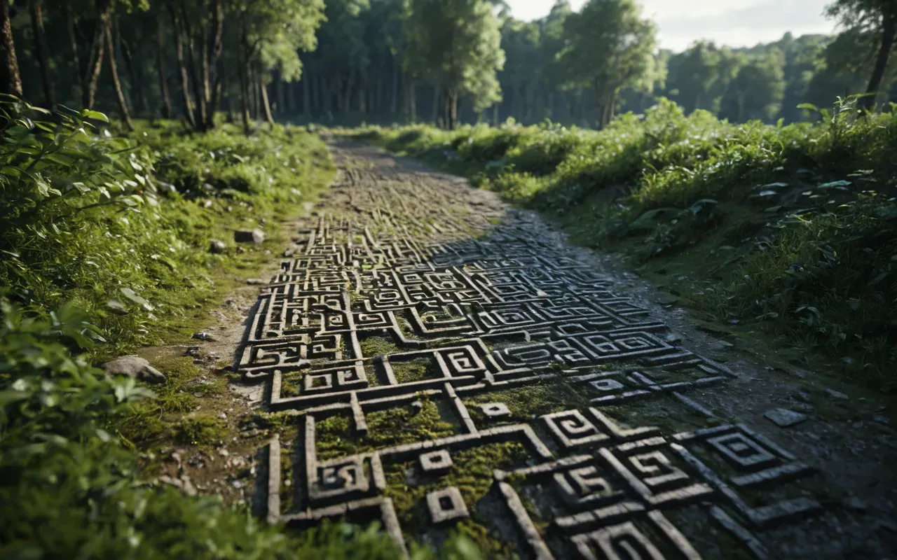 maya city lidar map visualization A detailed three dimensional map showing a complex network of ancient roads and mounds emerging from a dense green forest floor under bright daylight.