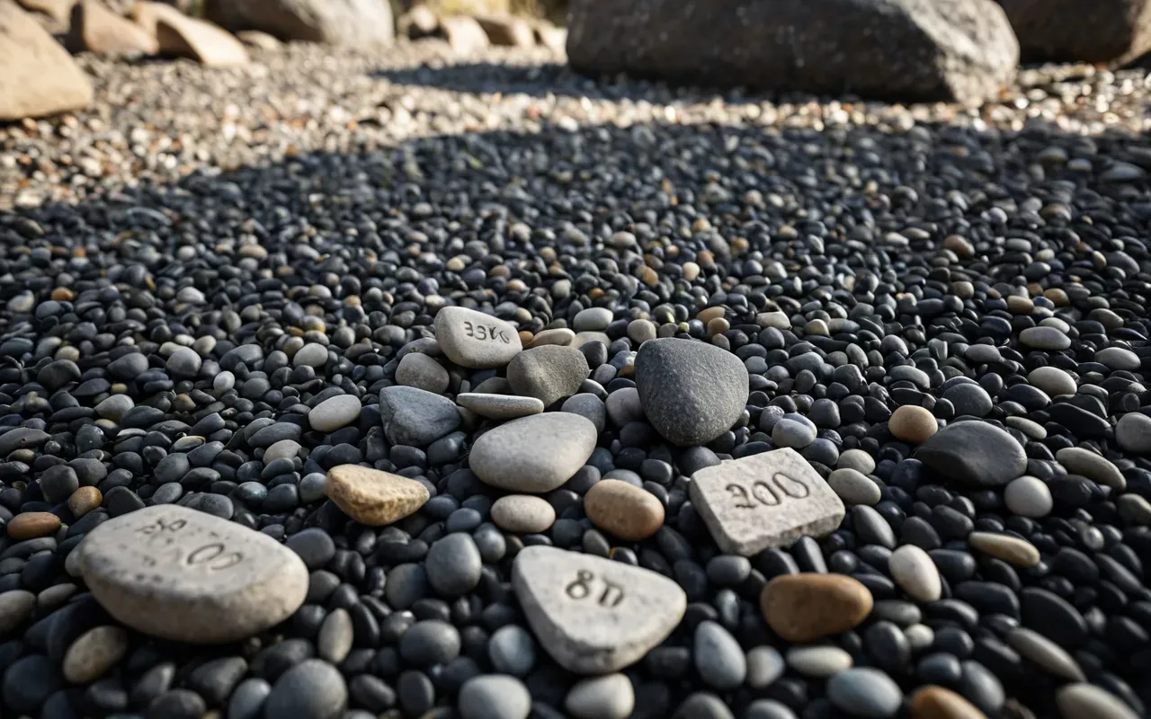 A detailed view of ancient stone tools resting on a bed of small pebbles. The stones are sharp and gray with visible chipping marks. Natural sunlight casts long shadows across the rough surface.