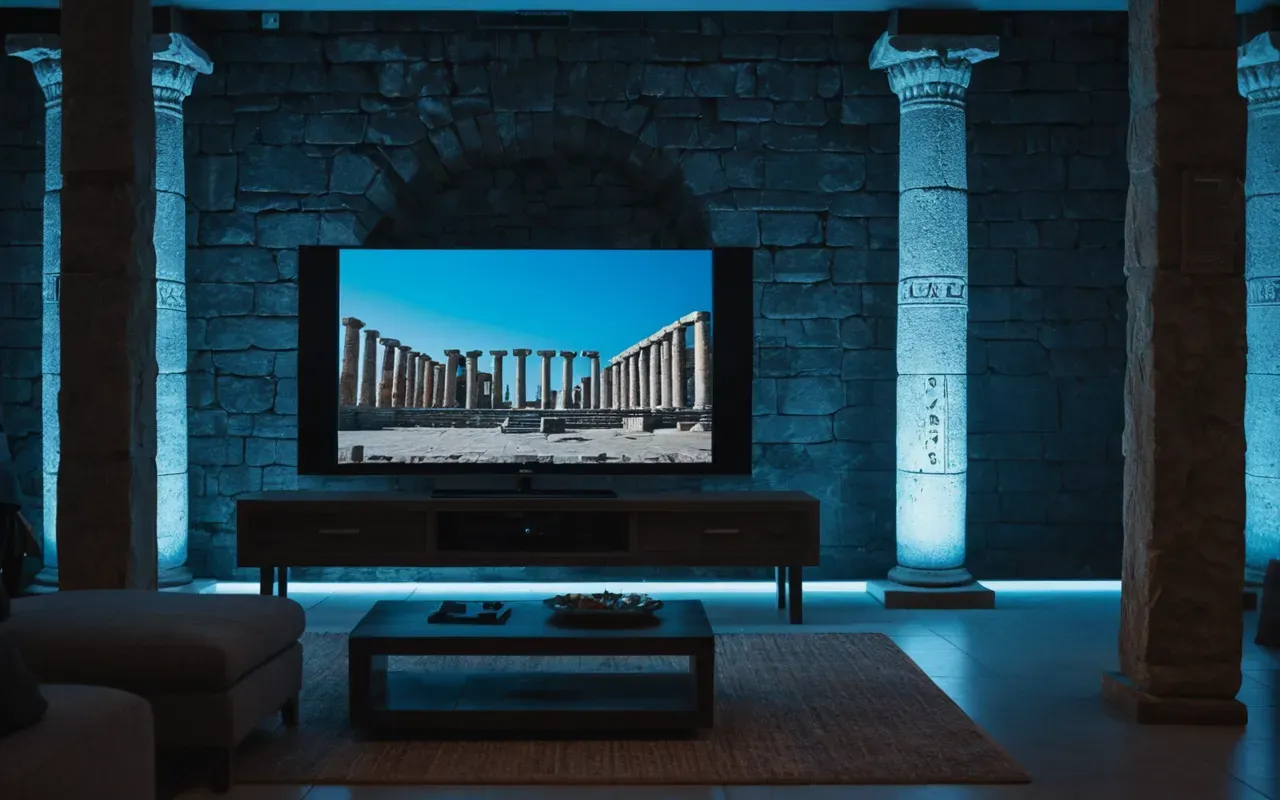 history documentaries A dimly lit modern living room with a large television screen glowing in the center, showing a static image of ancient stone pillars, soft blue light reflecting on a wooden coffee table and a pair of slippers nearby