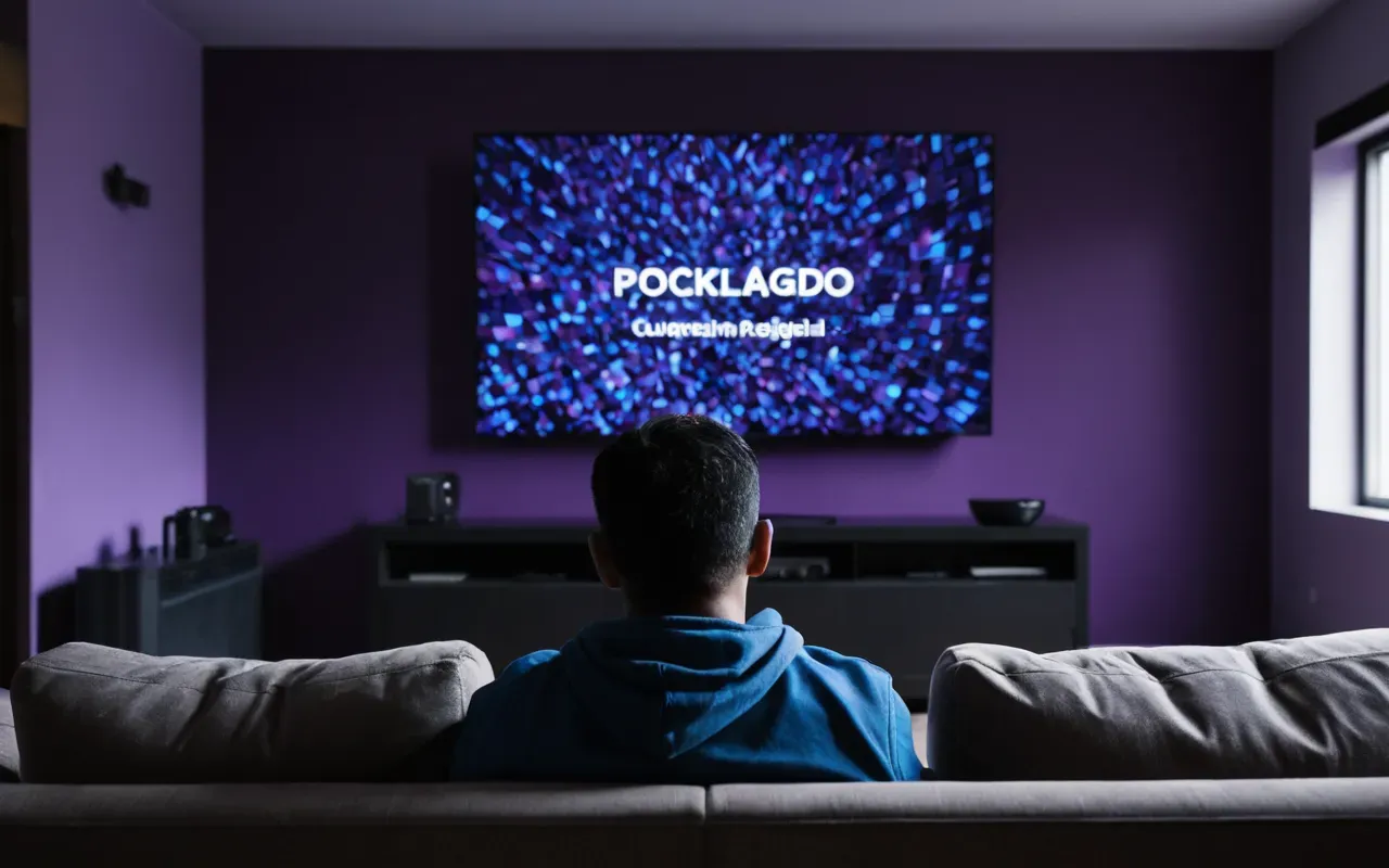 A dimly lit room with a large television screen showing static noise and abstract geometric shapes in blue and purple hues. A person sits on a sofa watching the screen from behind, holding a remote control.