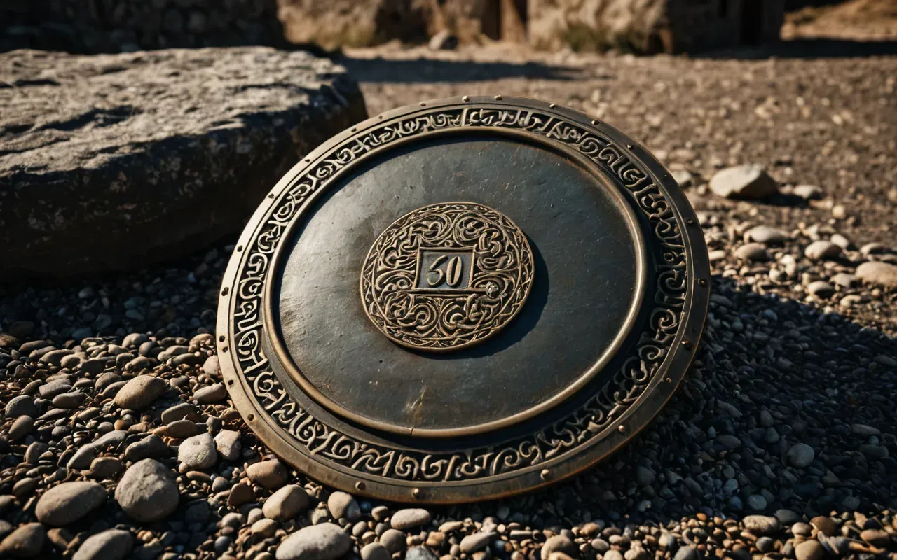 ancient warfare equipment A dramatic close-up of a weathered bronze shield resting on rough stone ground with soft natural light highlighting its texture and age without any visible symbols or engravings.