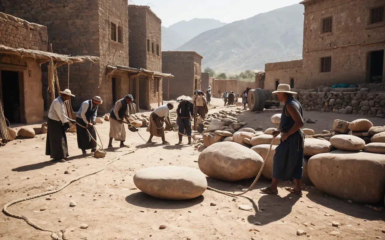A group of people working together in a dusty open area under bright sunlight. They are moving large smooth stones using ropes and wooden levers.