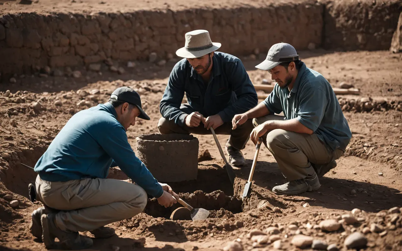 A group of researchers in neutral field gear kneeling around a small excavation pit, using hand tools to carefully brush away soil from stone artifacts under bright sunlight.