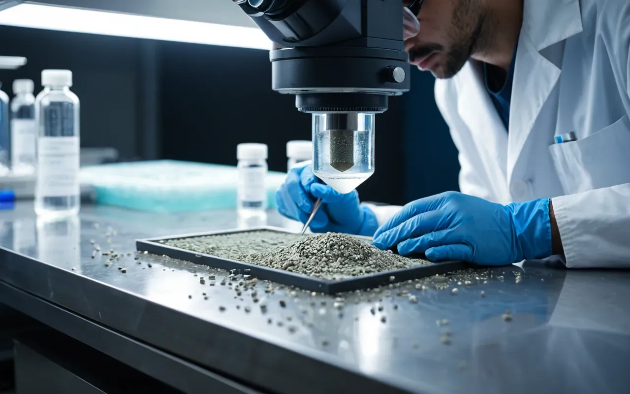 concrete analysis A laboratory setting with a scientist examining a small concrete sample under a microscope, focusing on the internal crystal structure, with soft blue lighting and a clean, modern background.