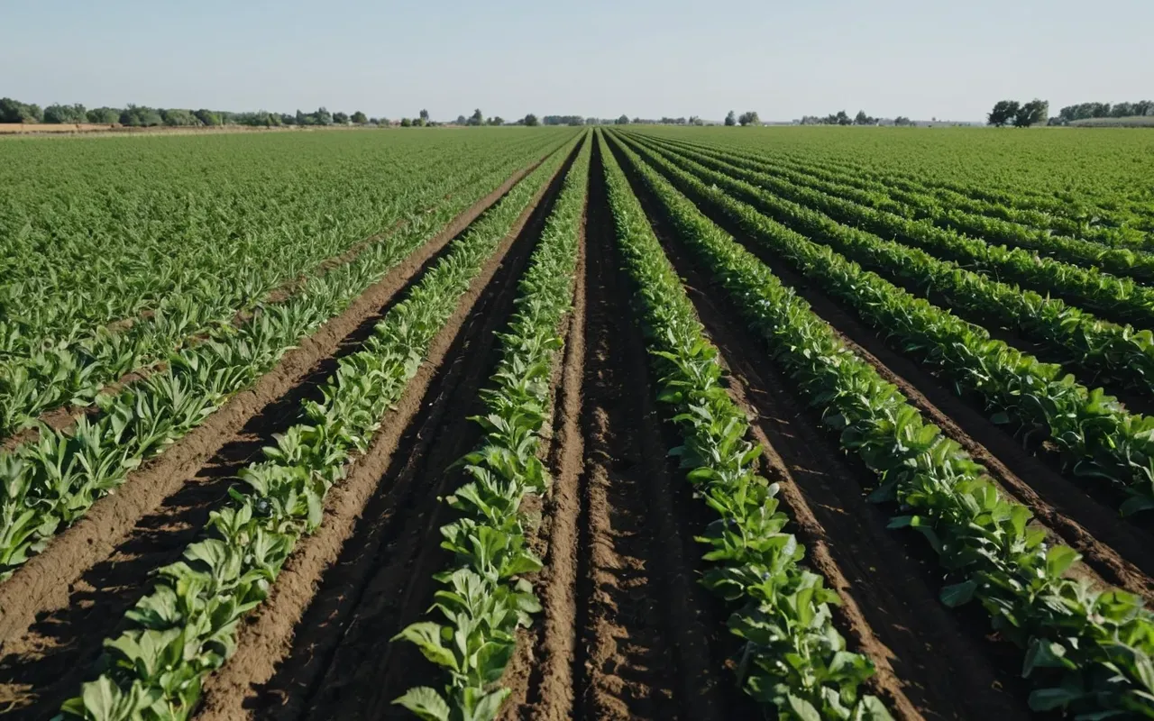 modern sustainable agriculture A modern agricultural field with rows of crops under a clear sky showing healthy green plants and structured soil management without any visible machinery or human figures.