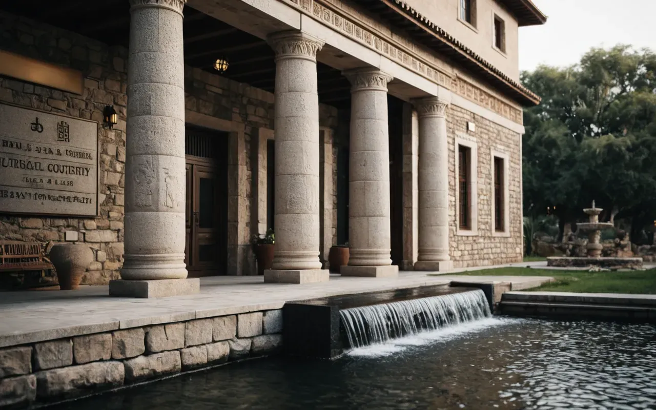 ancient style architecture A modern building facade with ancient-style stone columns and a small waterfall feature in the front yard. The lighting is warm and inviting.