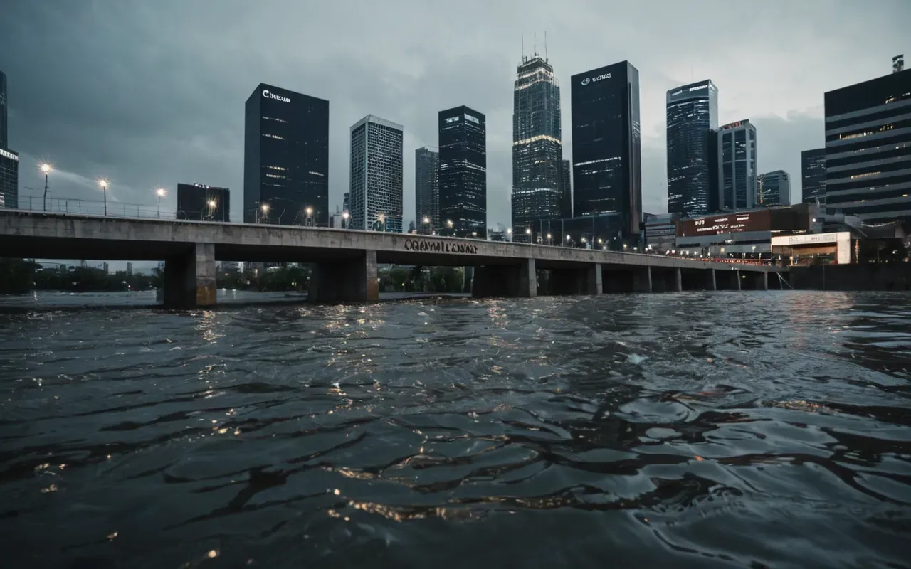 modern flooding risks A modern city skyline with rising floodwaters in the foreground. The water is dark and turbulent, reflecting the lights of the buildings.