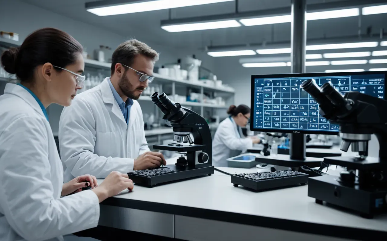 archaeological lab analysis A modern laboratory scene with researchers examining soil samples under bright lights using microscopes and digital screens without any visible text or specific national indicators.