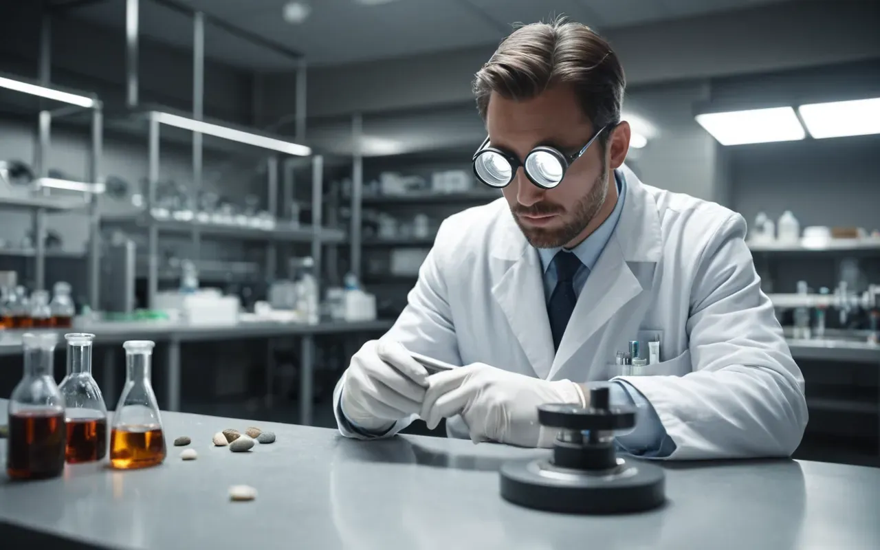 A modern laboratory setting with a scientist wearing white gloves carefully examining a small stone artifact under bright focused light using a magnifying lens in a clean sterile environment without any visible labels or screens showing data