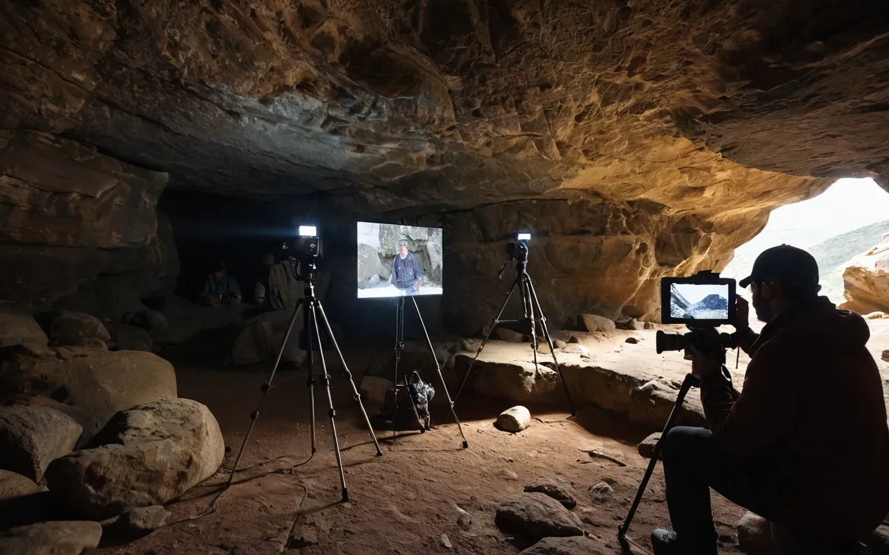 archaeological documentation A modern research team using non-invasive laser scanners and digital cameras to document ancient rock paintings in a rocky cave shelter, professional equipment, focused attention, natural daylight, no text, no logos, realistic fieldwork scene