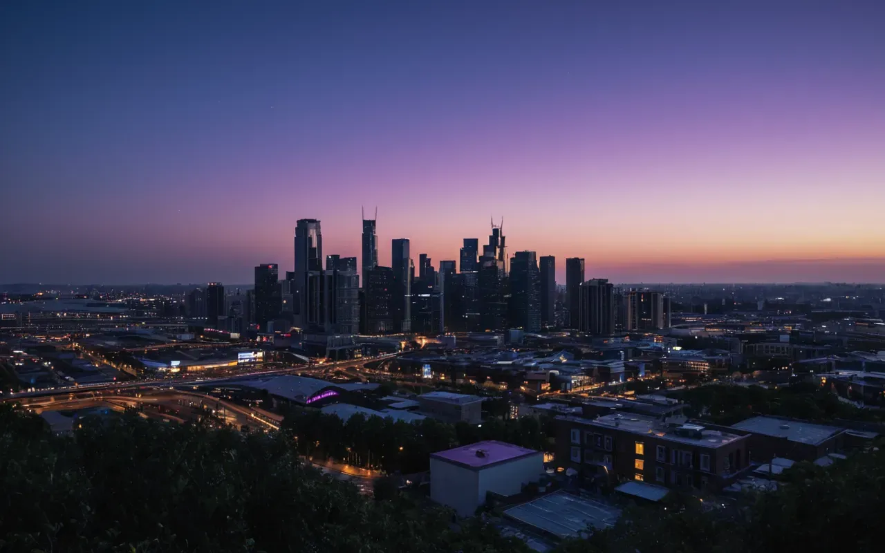 modern civilization A panoramic view of a modern city skyline at dusk. Lights are turning on in the buildings. The sky is dark blue with purple hues near the horizon. Silhouettes of trees line the street below.