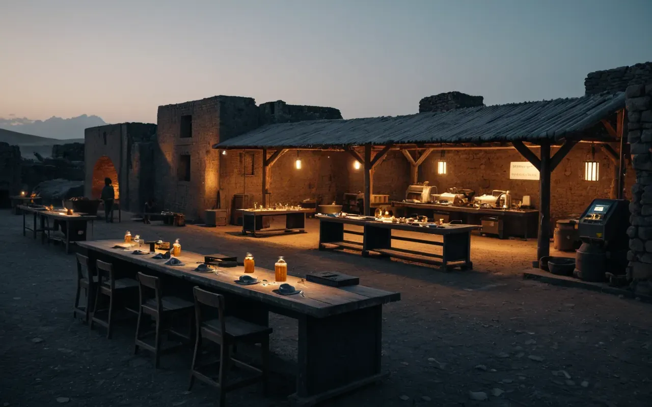 A panoramic view of a modern research station near ancient ruins at dusk, with warm artificial lights illuminating work tables and equipment against a darkening sky.