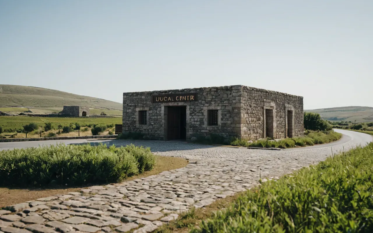 panoramic site view A panoramic view of an ancient stone structure with a modern visitor center in the distance connected by a wide paved road and green landscaping.