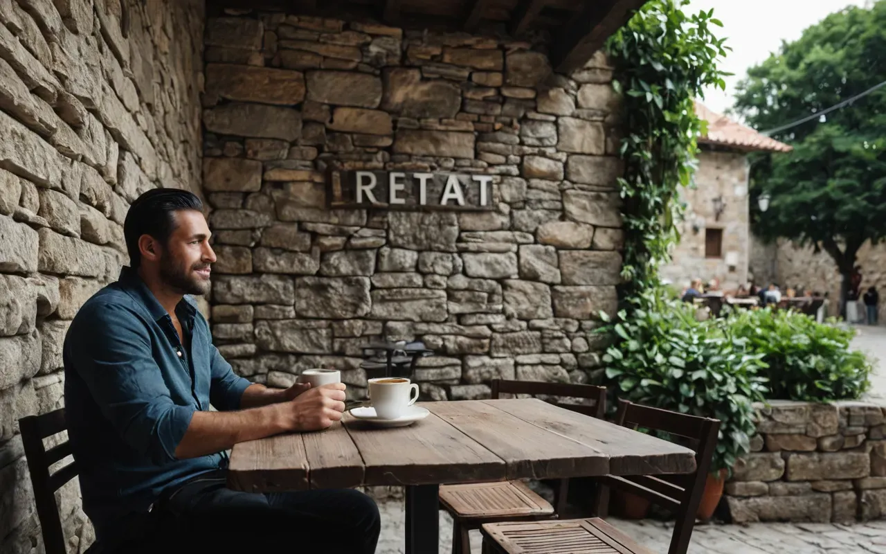 cafe setting ancient style A person sitting at an outdoor cafe table with a cup of coffee. The background features rustic stone walls and green plants.