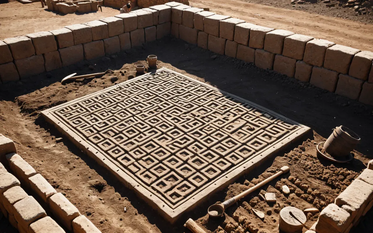 archaeological excavation process detail A photo-realistic image of an archaeological excavation site with carefully placed grid lines and tools resting on the soil surface under bright daylight without any visible text or modern equipment screens.